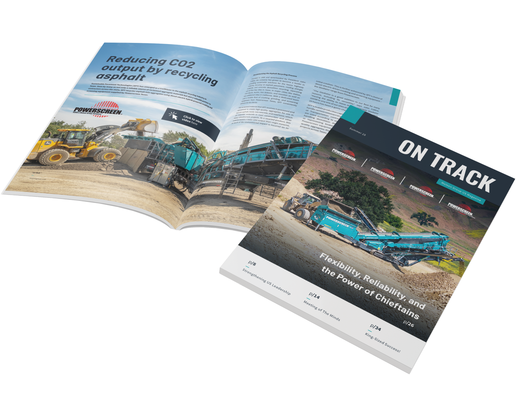 On track magazine mock up with a page open to a Powerscreen article and a cover of a Powerscreen screen