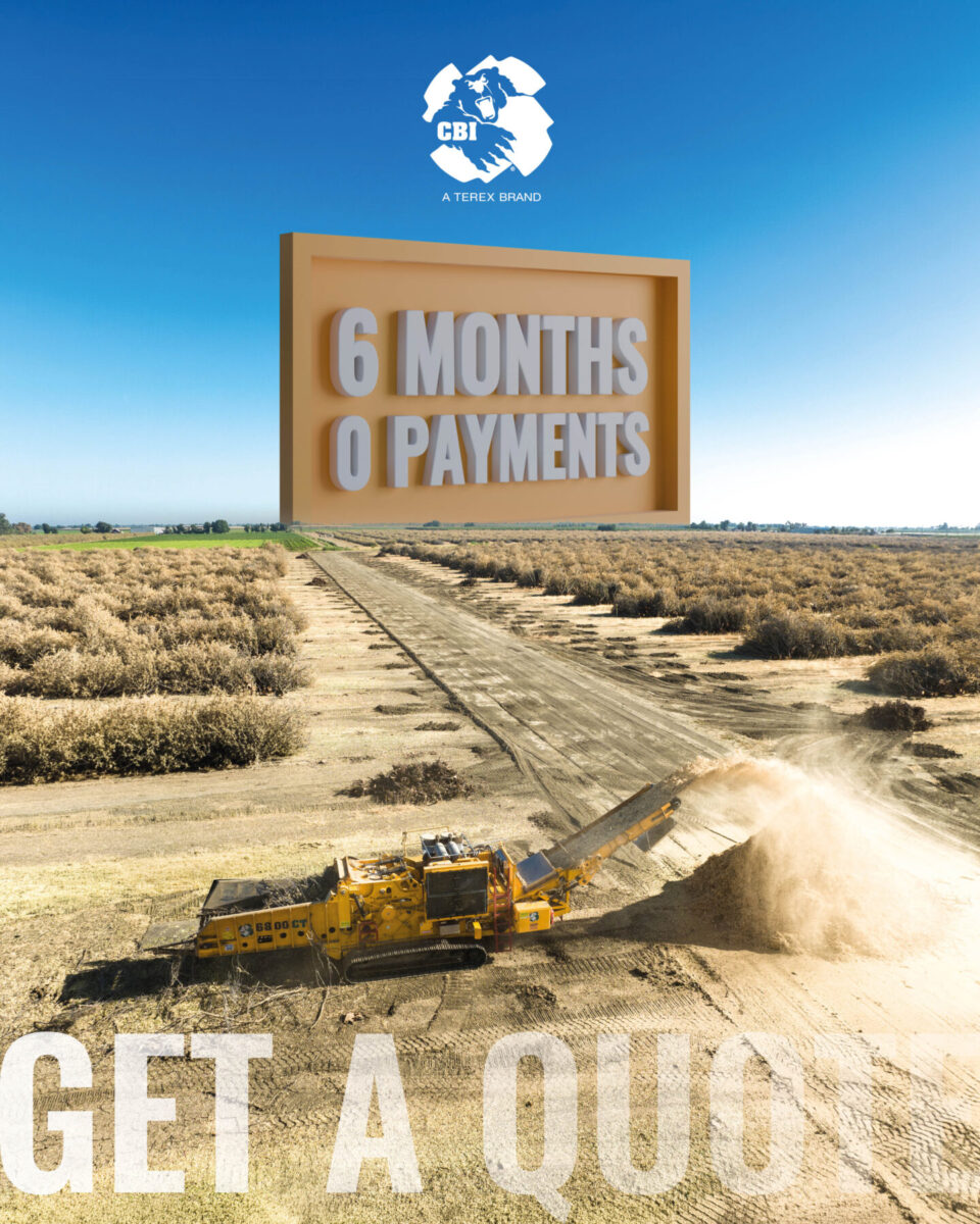 CBI grinder working in a field with get a quote at the bottom in text and an icon on top that says 6 months 0 payments