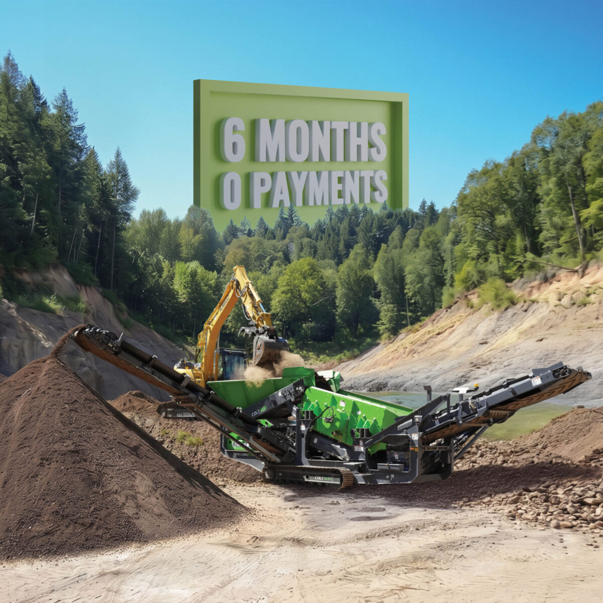 Cribadora EvoQuip en funcionamiento, alimentada por una excavadora Kobelco